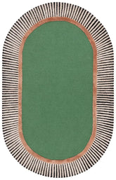 Green oval rug with striped brown, white and black border